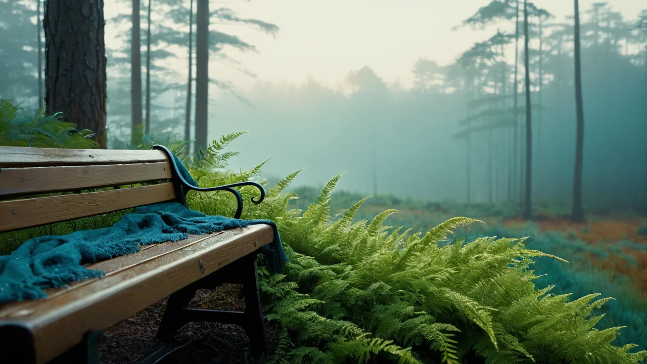 A linen scarf left on a moss-covered bench at dawn. The mist between the trees moves at roughly the same pace as a resonant breath.