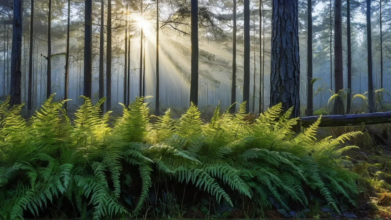A misty pine forest at dawn with golden volumetric god-rays cutting through the fog.