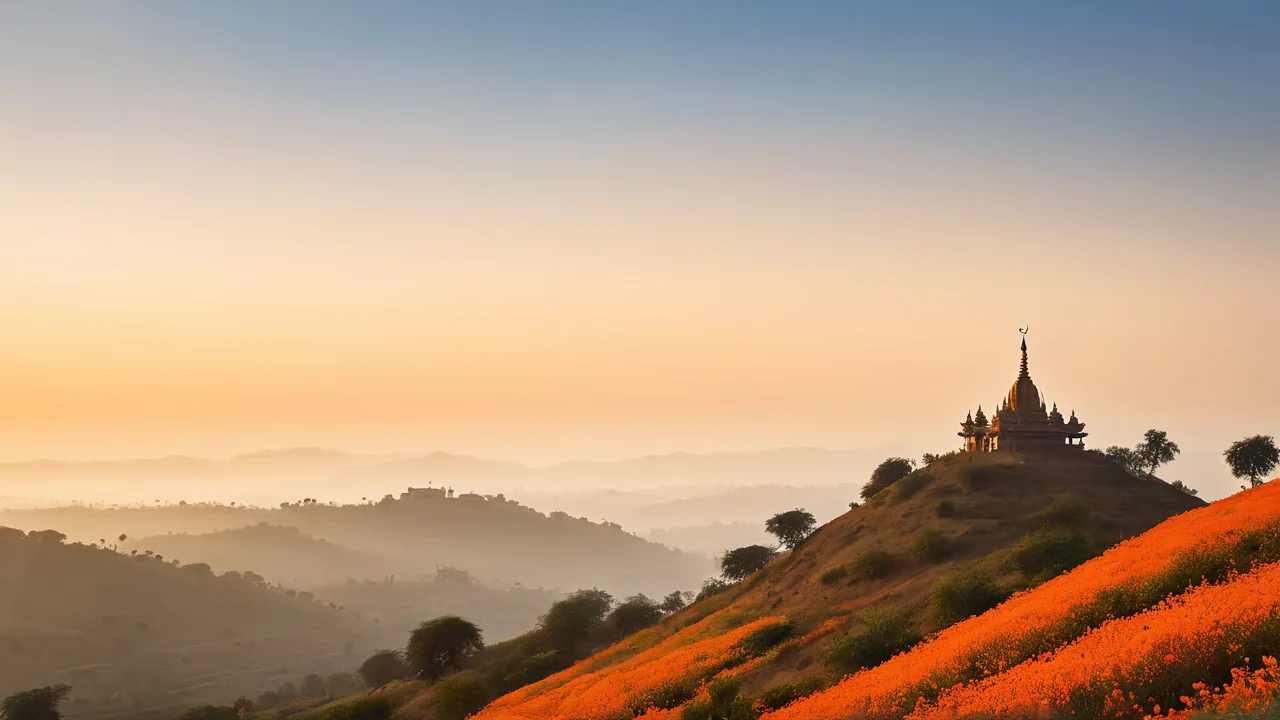 Misty hilltops at first light with a single distant temple silhouette and a saffron prayer flag.
