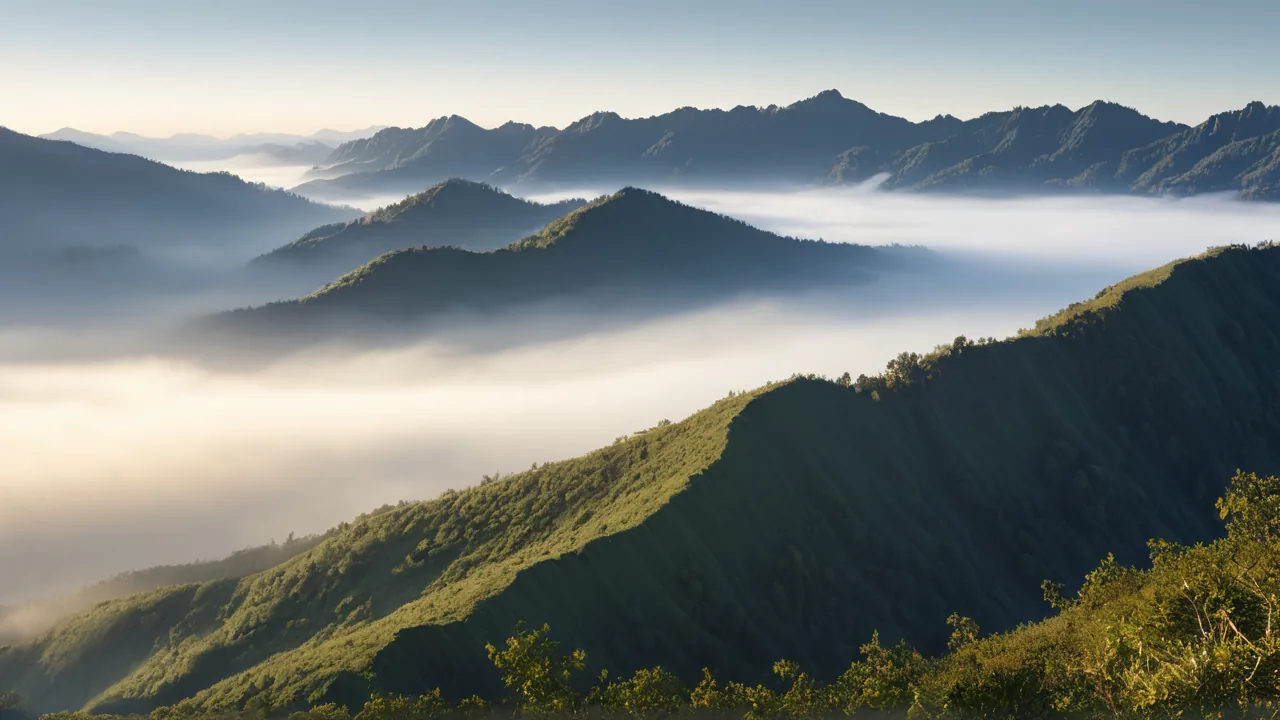 Mountain mist at dawn, a visual analog for the calmer baseline that slow nasal breathing creates in the cardiovascular system.