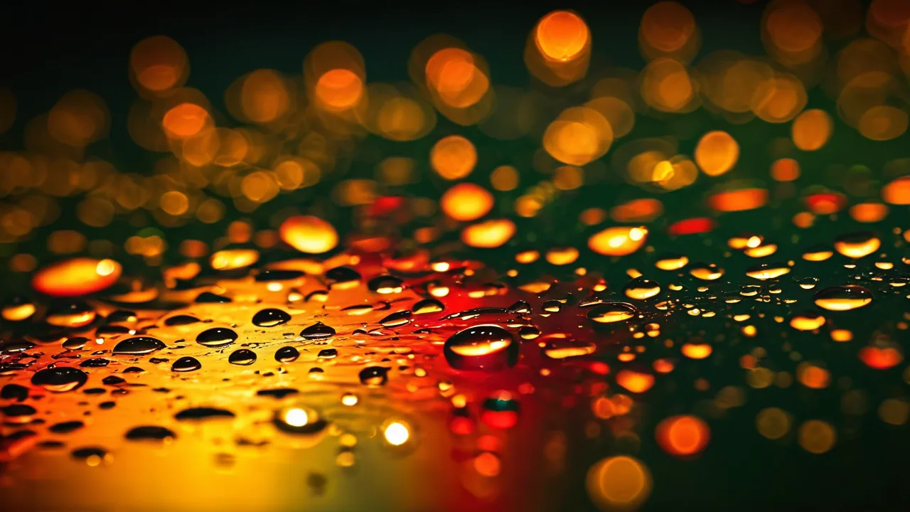 Warm crimson and amber light refracted through water droplets into branching caustic patterns