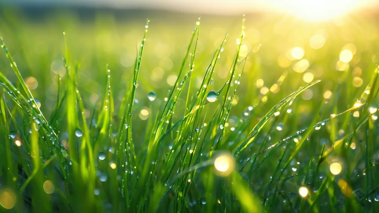 Morning dew drops on grass at golden dawn, each drop refracting sunlight into small golden spheres.