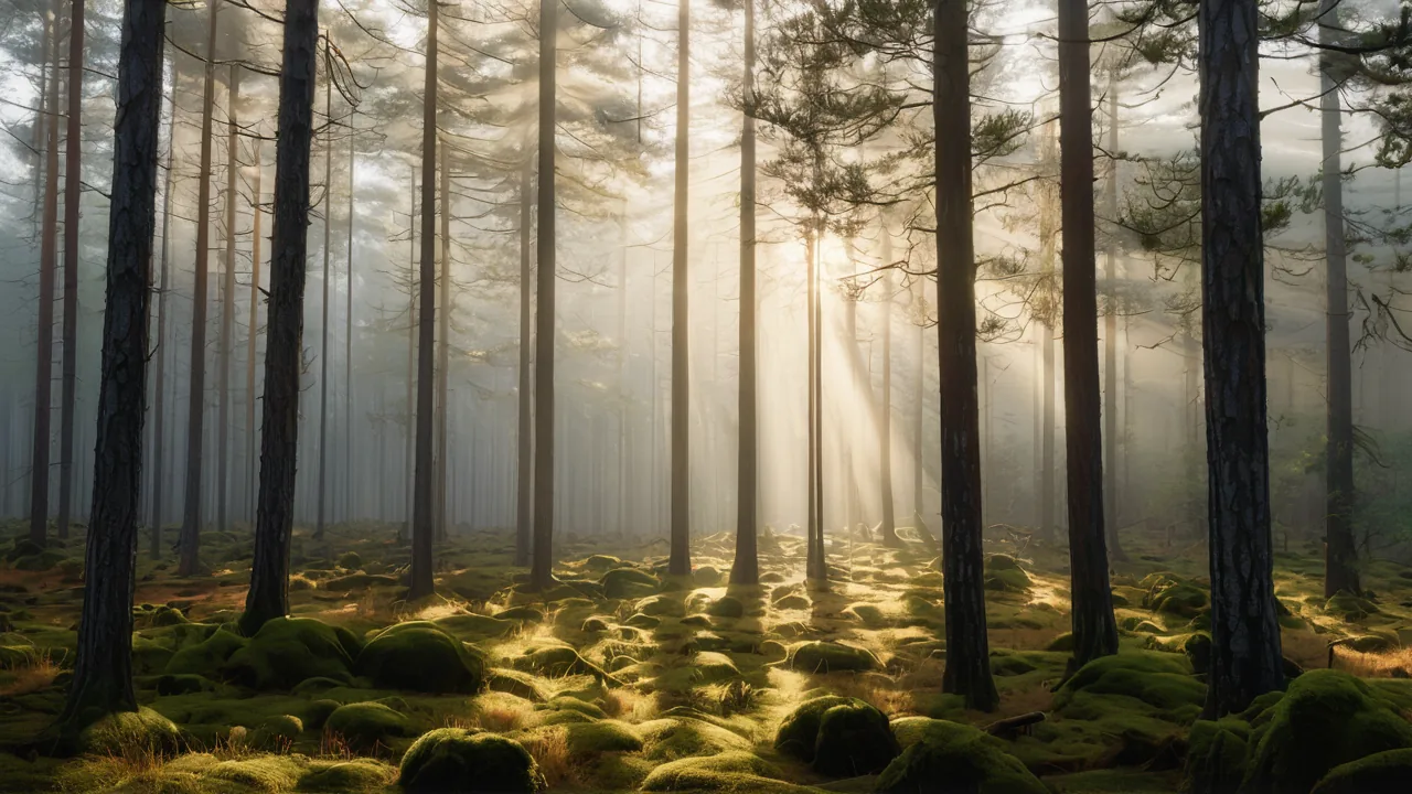Misty pine forest at dawn with golden god-rays through the canopy.