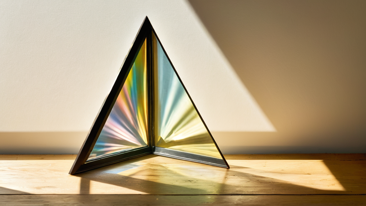 Dawn sunlight refracting through a single glass prism onto pale oak wood. One source, many bands.
