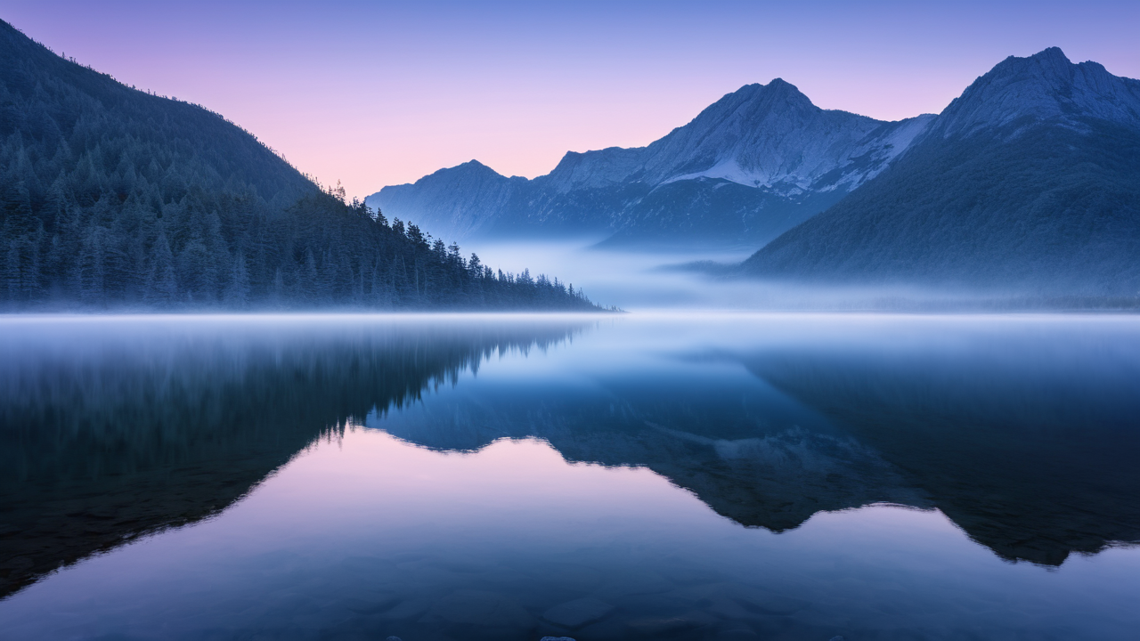 A mountain lake at pre-dawn, mist rising, a fading crescent moon overhead.