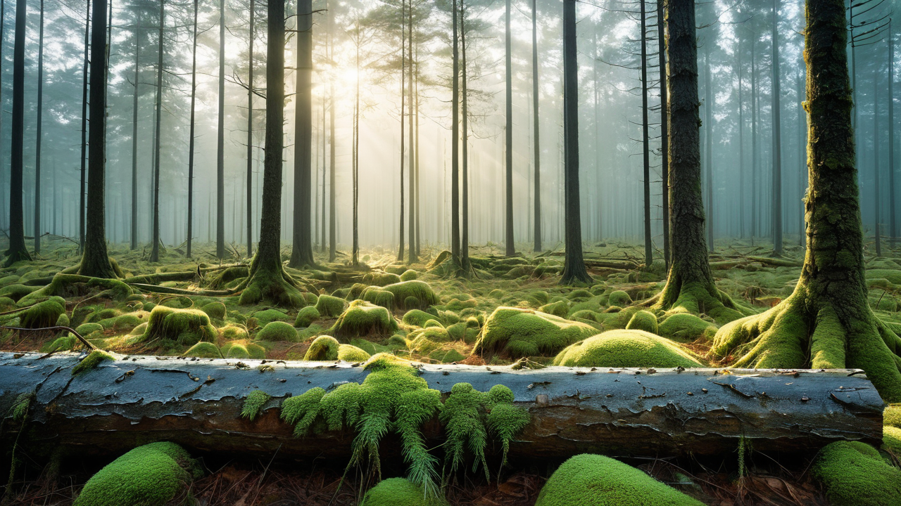 Misty pine forest at dawn, cotton-white morning mist between the trees.