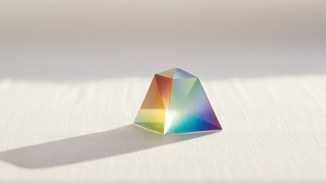 A single glass prism on pale linen, splitting morning light into separate bands.