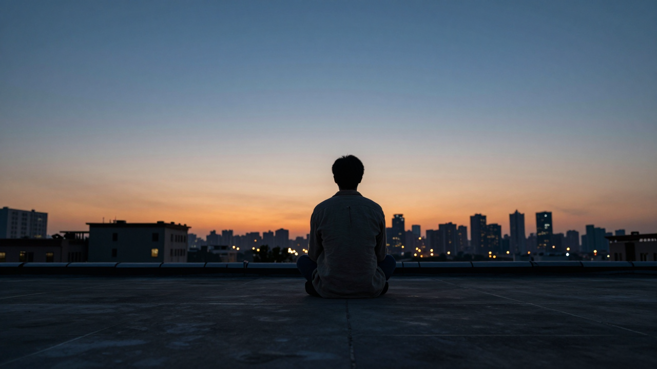 A lone figure sits cross-legged on a rooftop, seen from behind, facing a city skyline at blue hour.