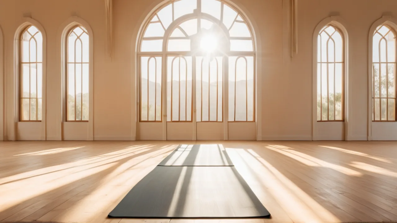 Morning sunlight across the wooden floor of an empty yoga studio.