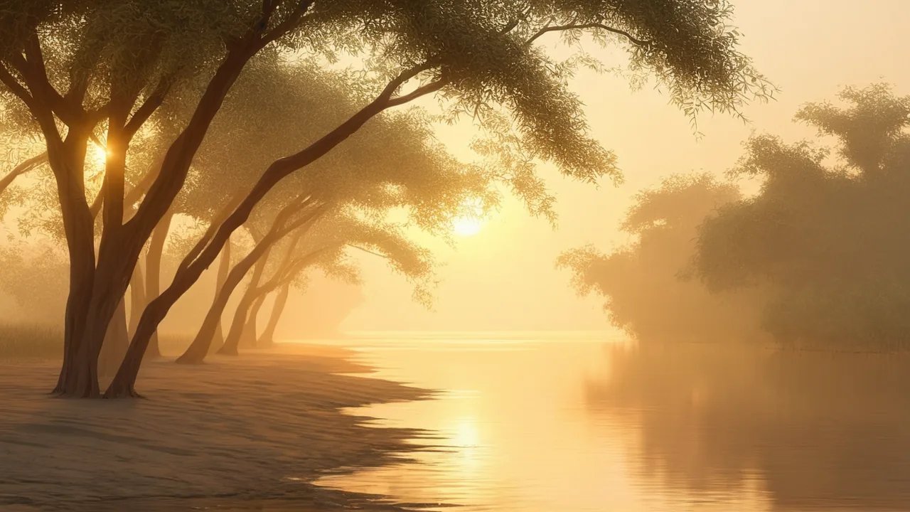 A wide river with pale sandbanks under soft golden light at dawn.