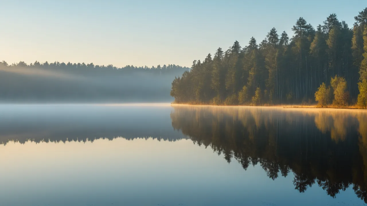Low fog over a still lake at dawn, with first light breaking over the far treeline.