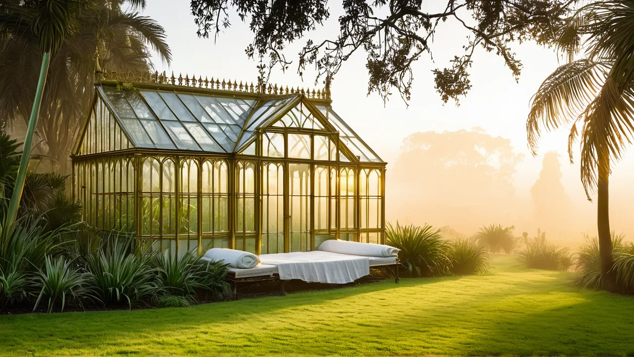 A Victorian glasshouse at sunrise, warm light through the glass panes across a misty lawn.