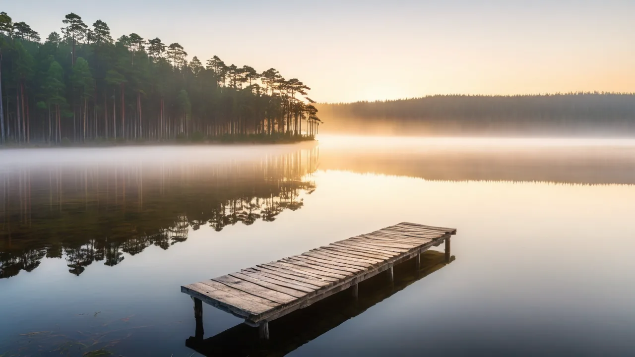 Fog over a still lake at dawn, sunlight breaking through pine trees on the far shore.