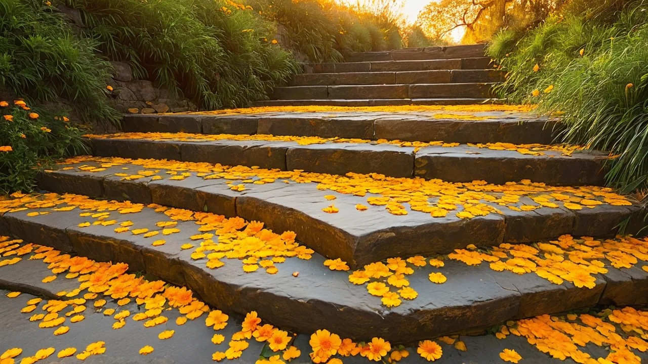 Empty stone river steps at sunrise, with a few marigold petals on the lowest step.