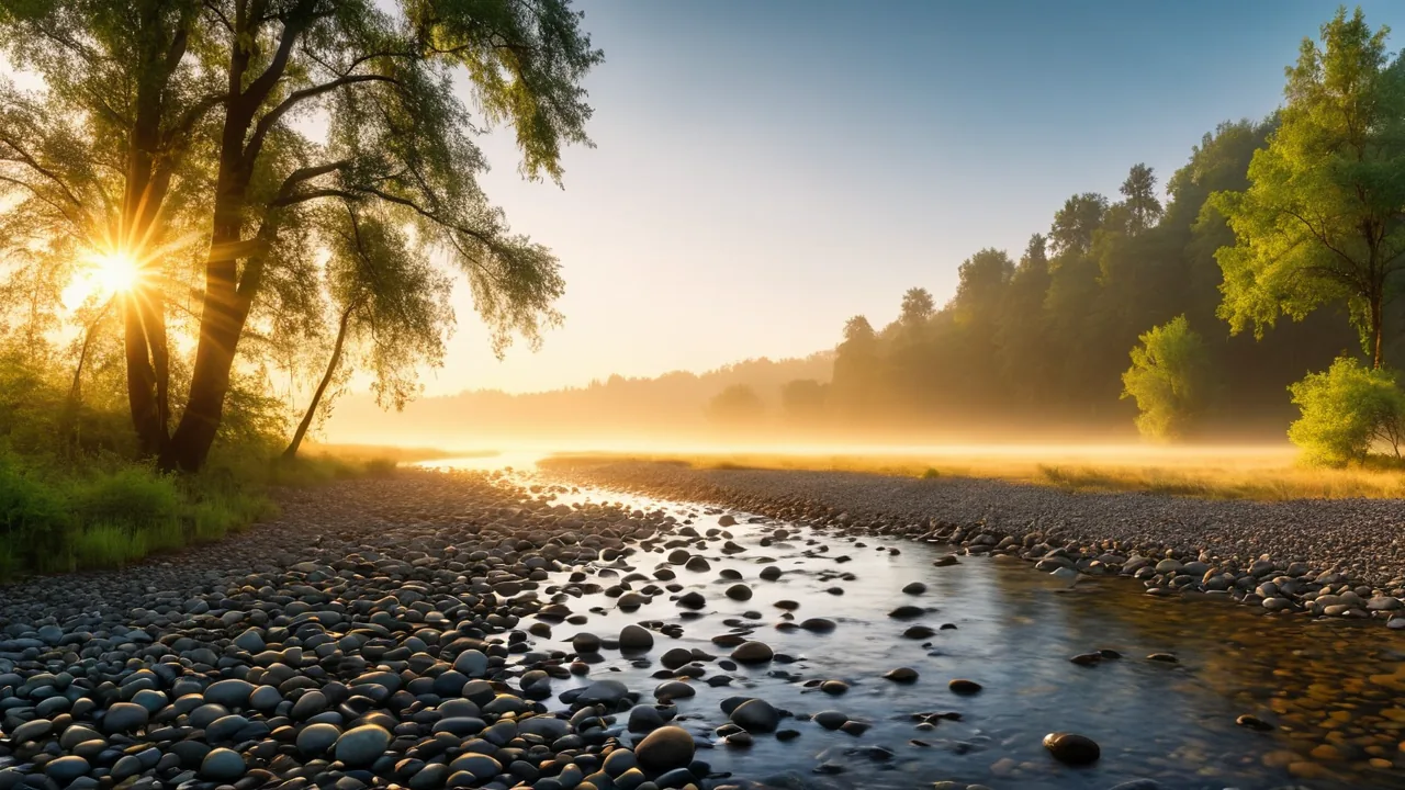 A clear river at dawn, with fog lifting off the far bank and sunlight through the trees.