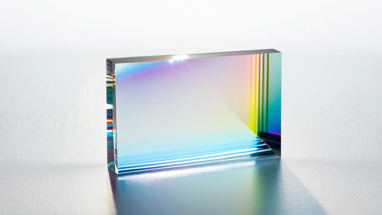 Morning sunlight passing through a glass prism, spreading a band of colour across a white surface.