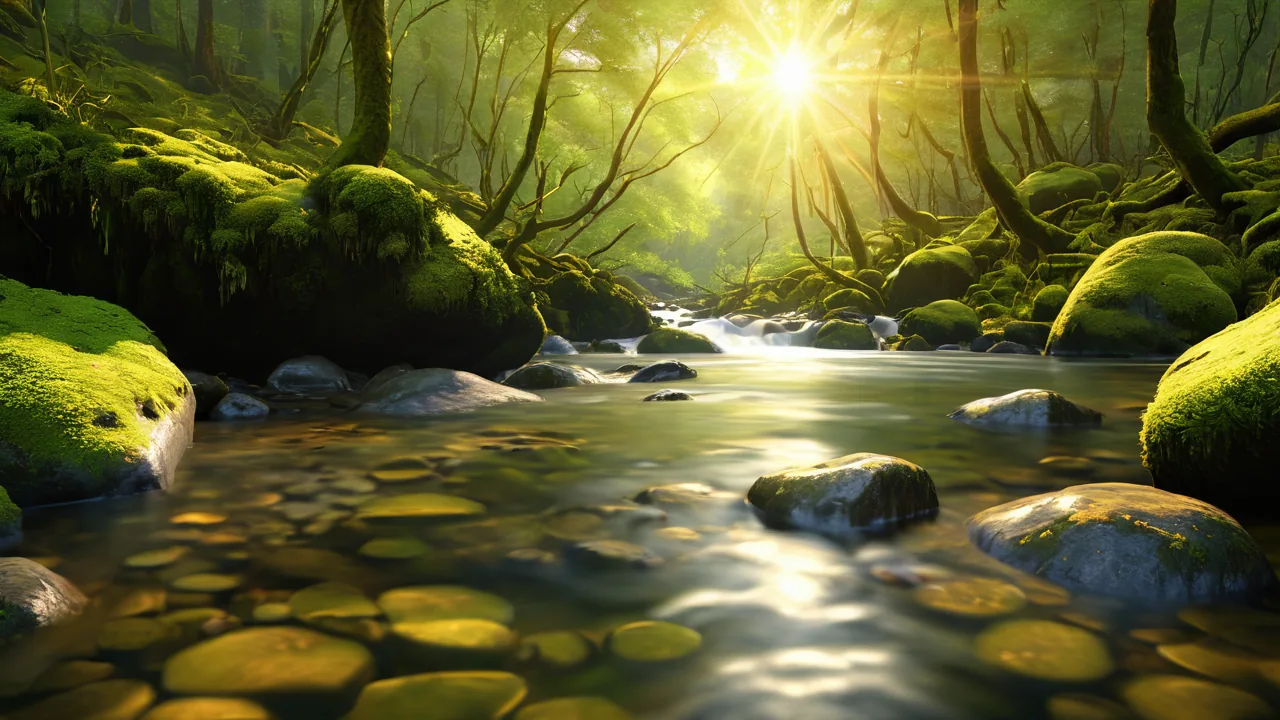 A clear mountain stream running over mossy stones in early morning forest light.