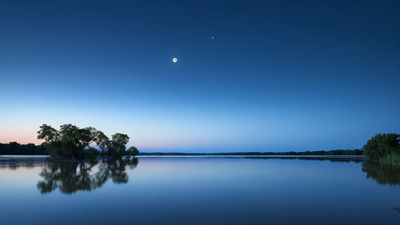 A full moon rising over a still river at dusk, its reflection a silver column on the water.