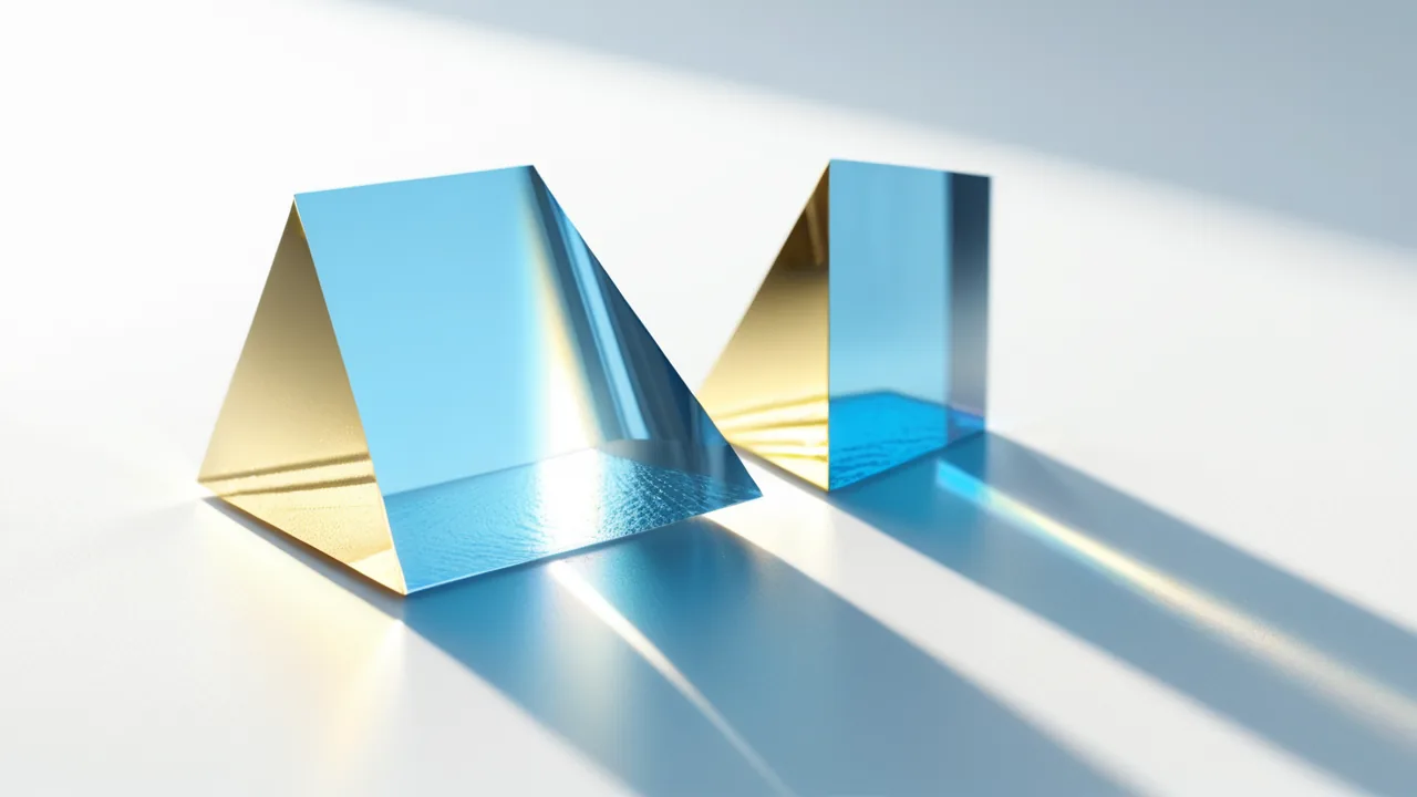 Sunlight split by a glass prism into a warm gold beam and a cool blue beam on a white surface.
