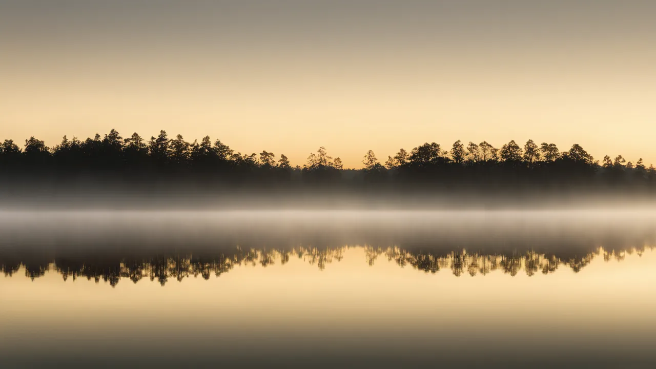 Fog over a still lake at dawn, with a pale band of gold light on the horizon.