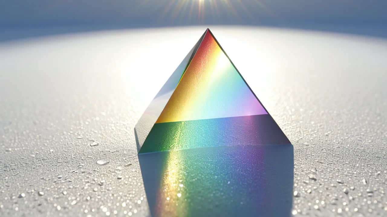 Morning sunlight passing through a glass prism, casting a band of rainbow light across a white surface.