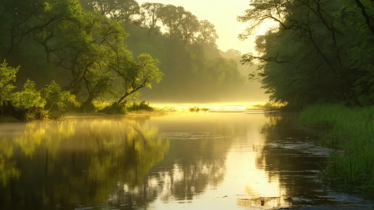 Mist drifting over a still river at dawn, with golden light through the trees on the far bank.