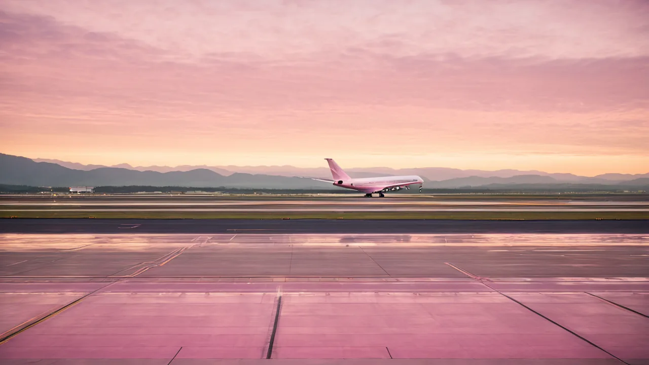 An empty airport runway at dawn, seen through a terminal window under a pink and gold sky.