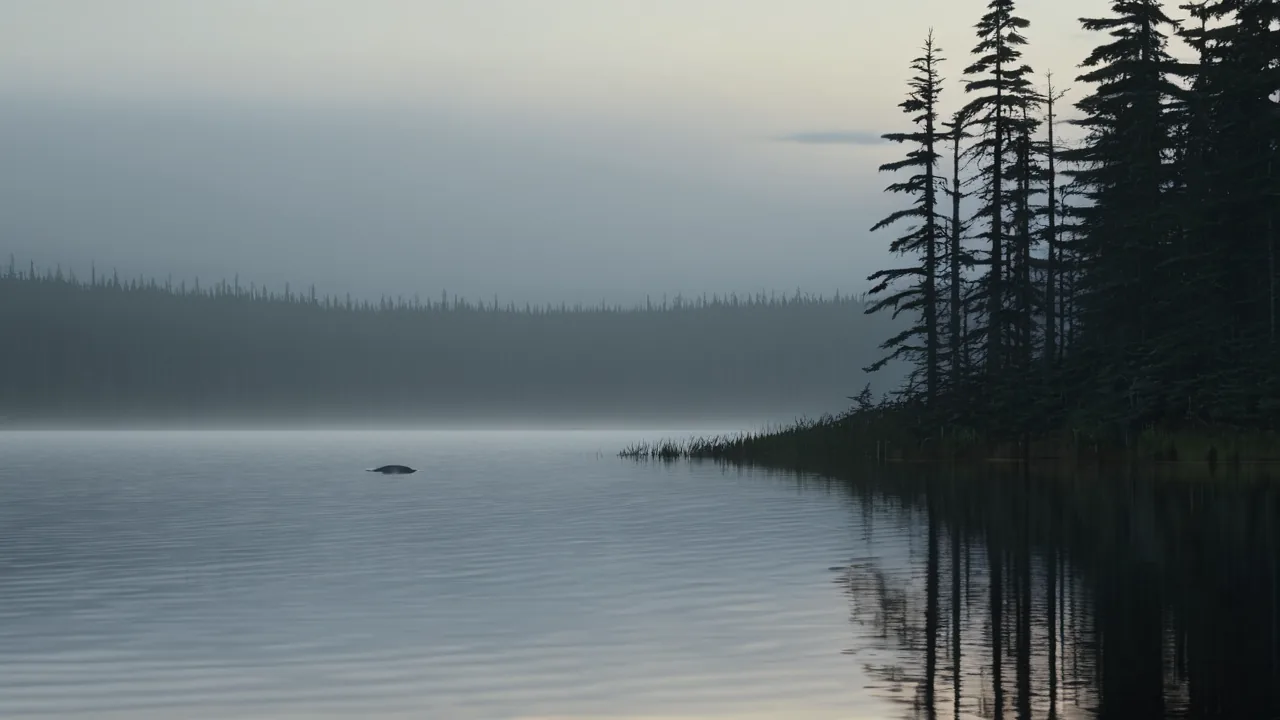 A still northern lake at dawn, with a seal surfacing in the distance.