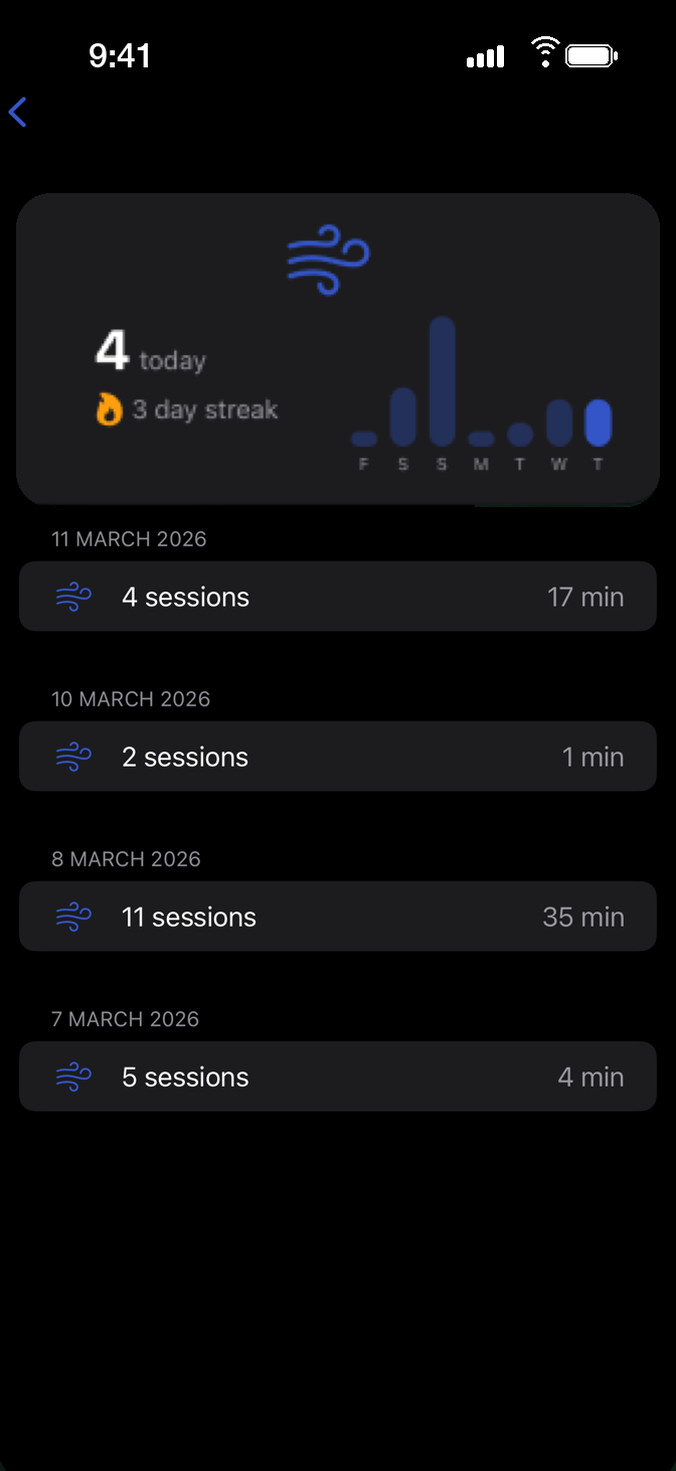 The history screen: recent days with their sessions and minutes.