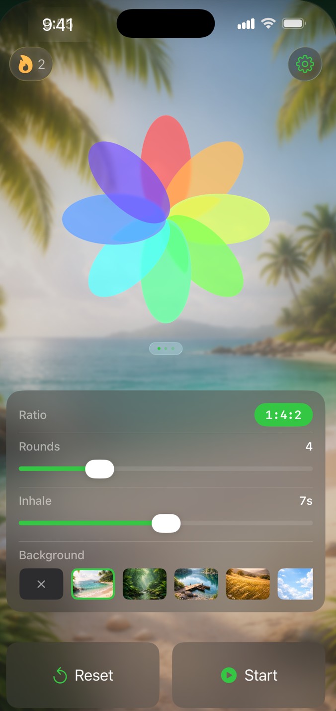 The main screen: ratio 1:4:2, four rounds, a seven-second inhale and the scene picker.