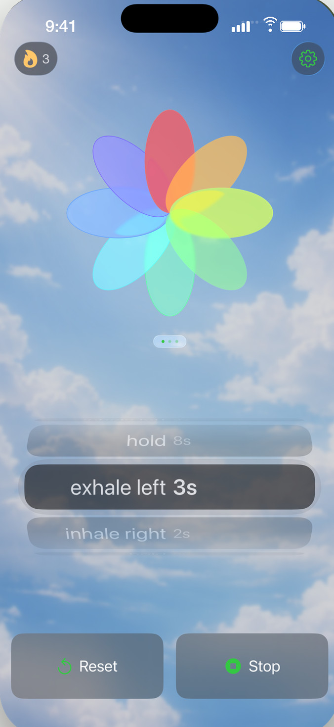 Mid-session: the breathing flower over a sky scene, with the phase guide reading exhale left, three seconds.